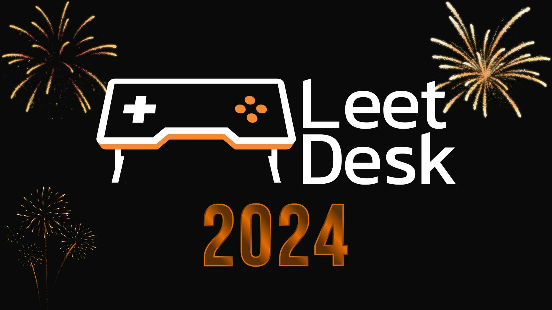 Het LeetDesk-logo met oranje vuurwerk en een oranje 2024.