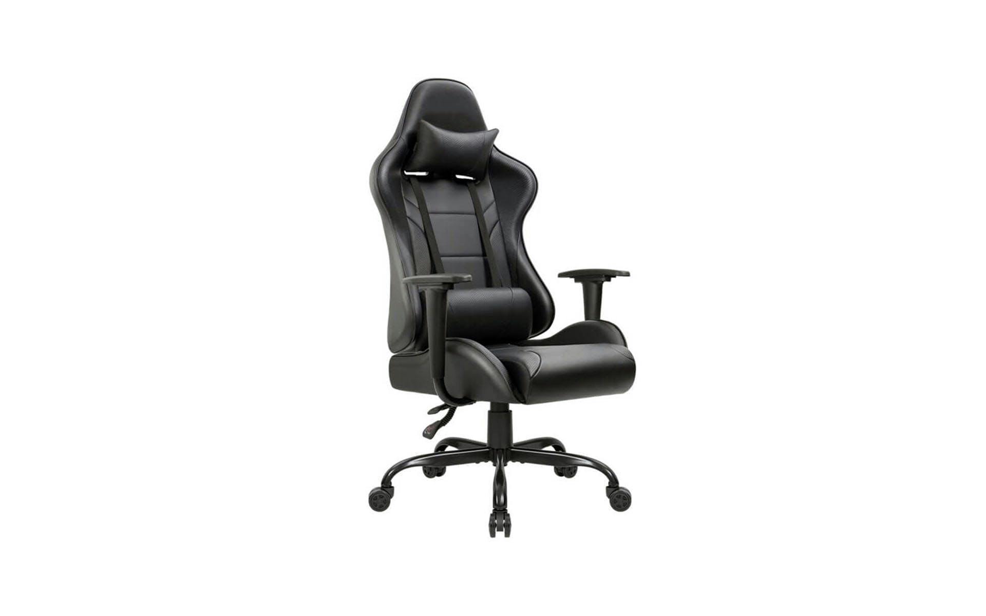 Pitch black gaming chair with a wide seat