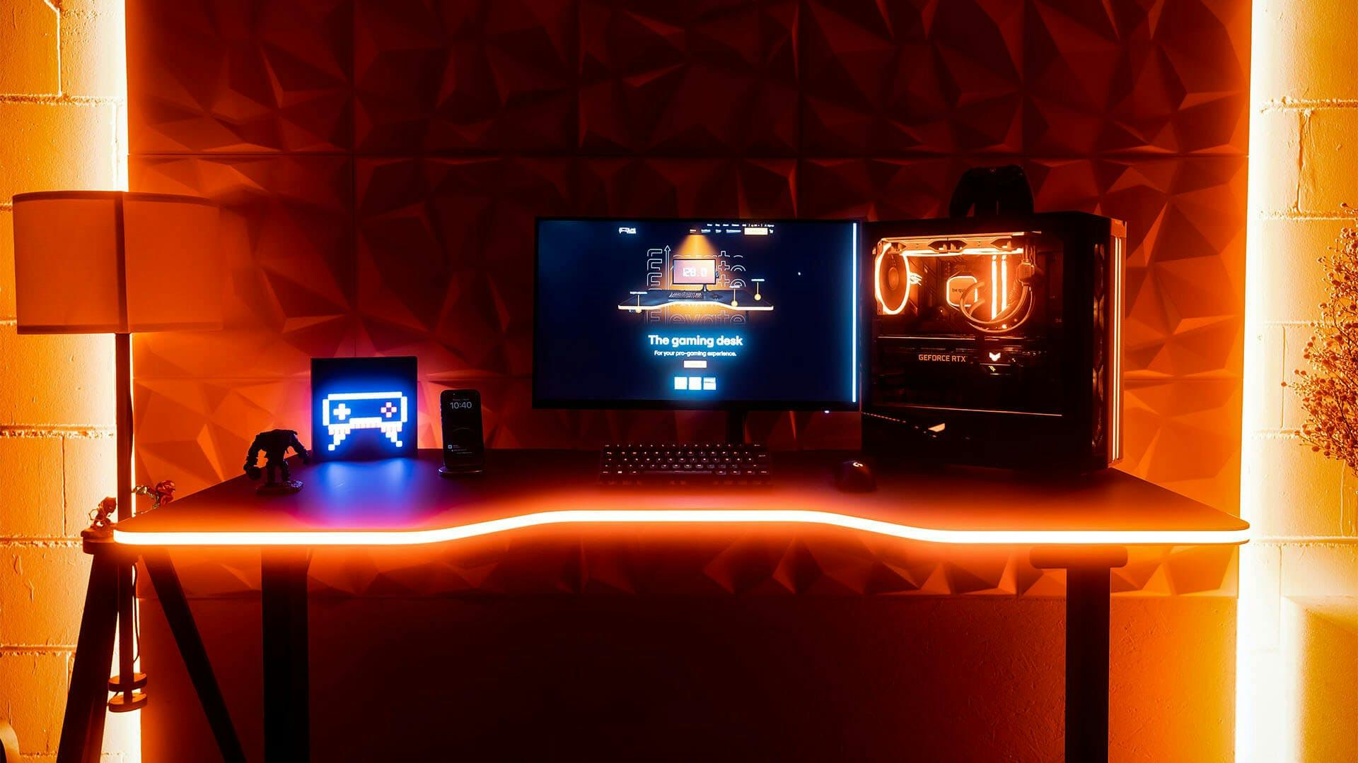 LeetDesk gaming desk with led lights turned on