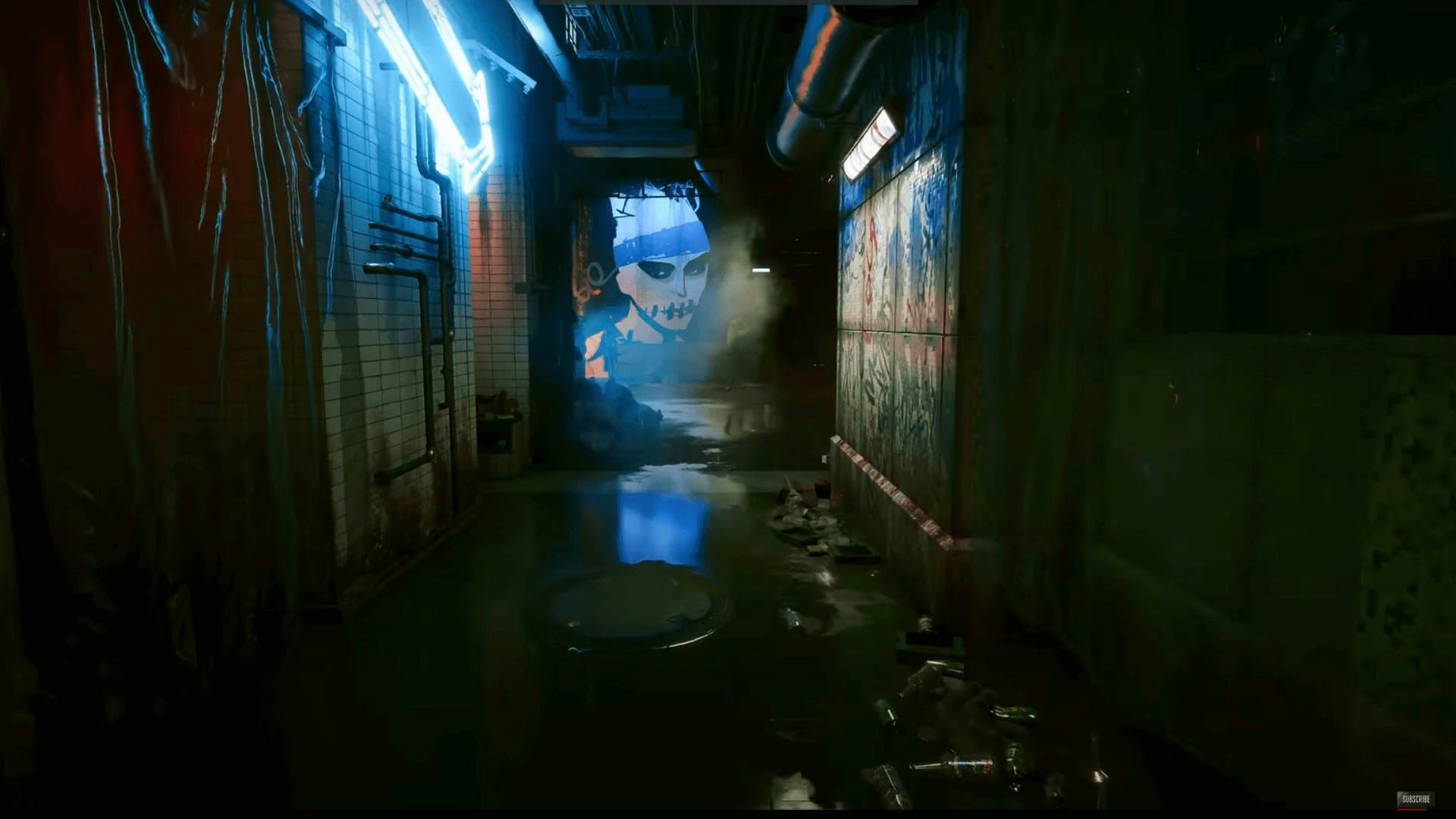 Ein Screenshot vom Rollenspiel Cyberpunk 2077.. Der Spieler befindet sich in einer neon-beleuchteten Gasse.