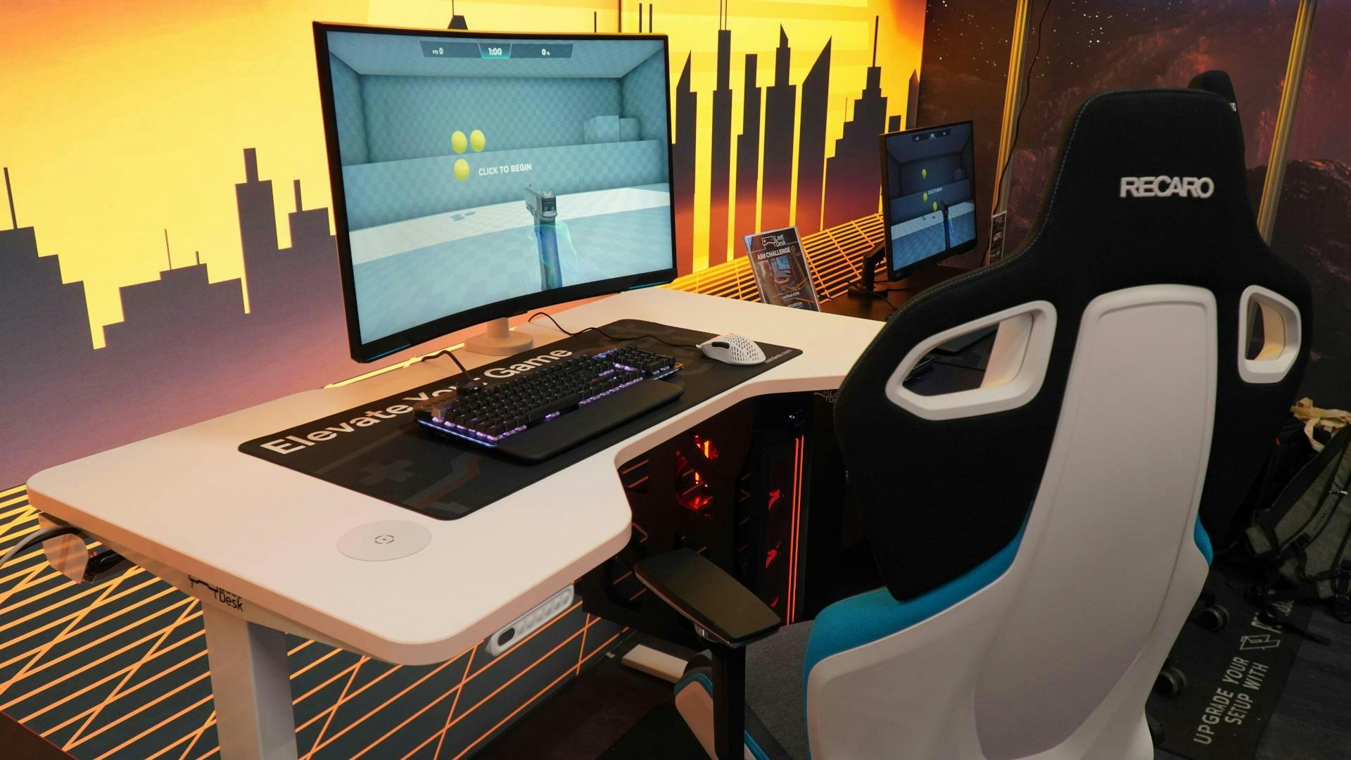 The LeetDesk Light white gaming desk with a matching white Recaro gaming chair