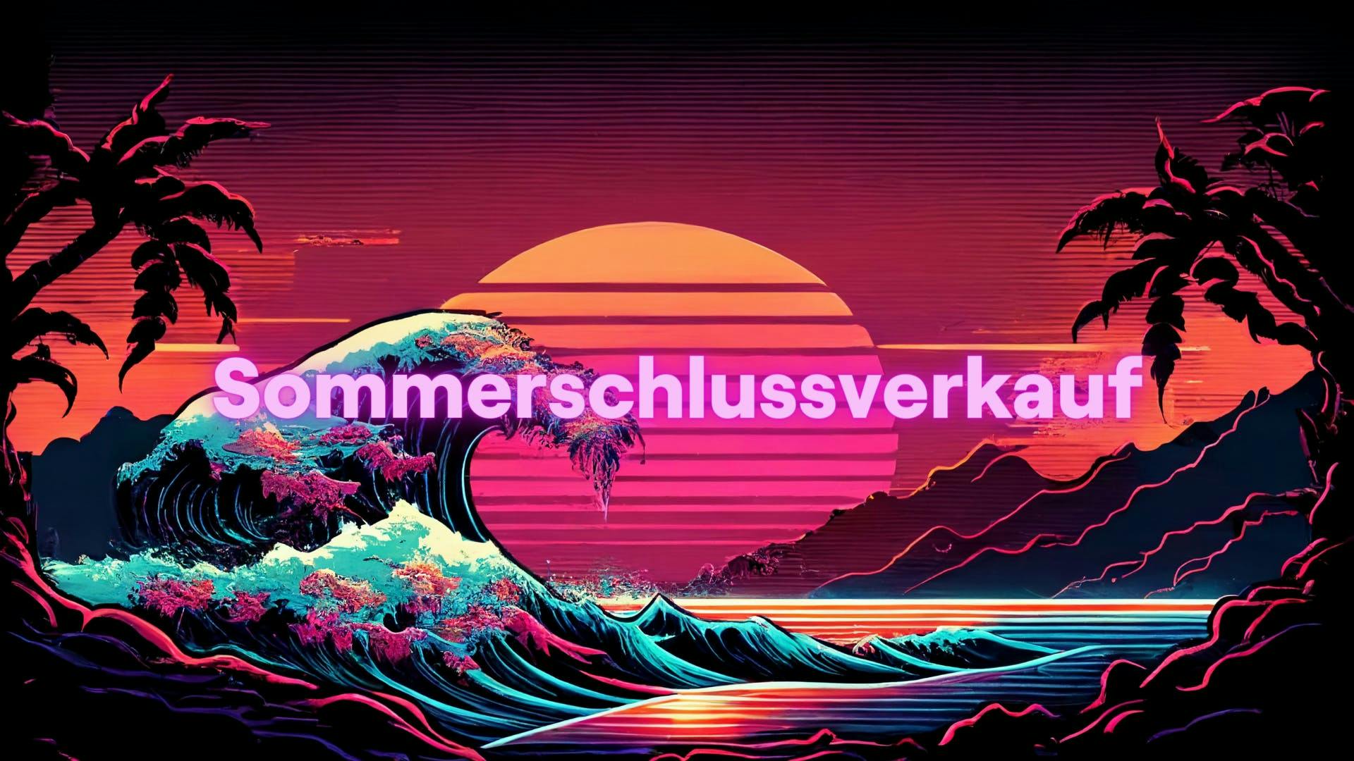 Ein 80er Jahre Style digitaler Sonnenuntergang auf einer Insel dient als Hintergrund für das Wort "Sommerschlussverkauf"