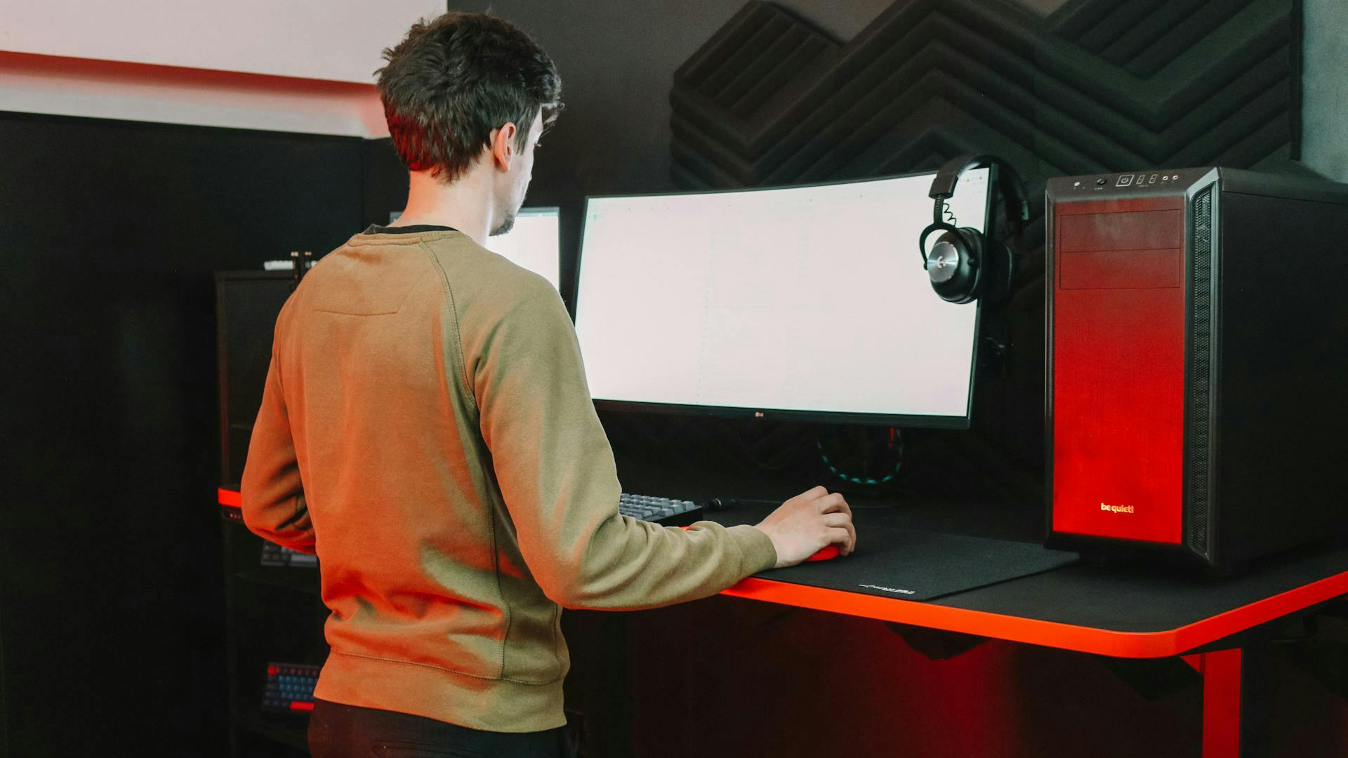 a standing gaming desk from LeetDesk in red