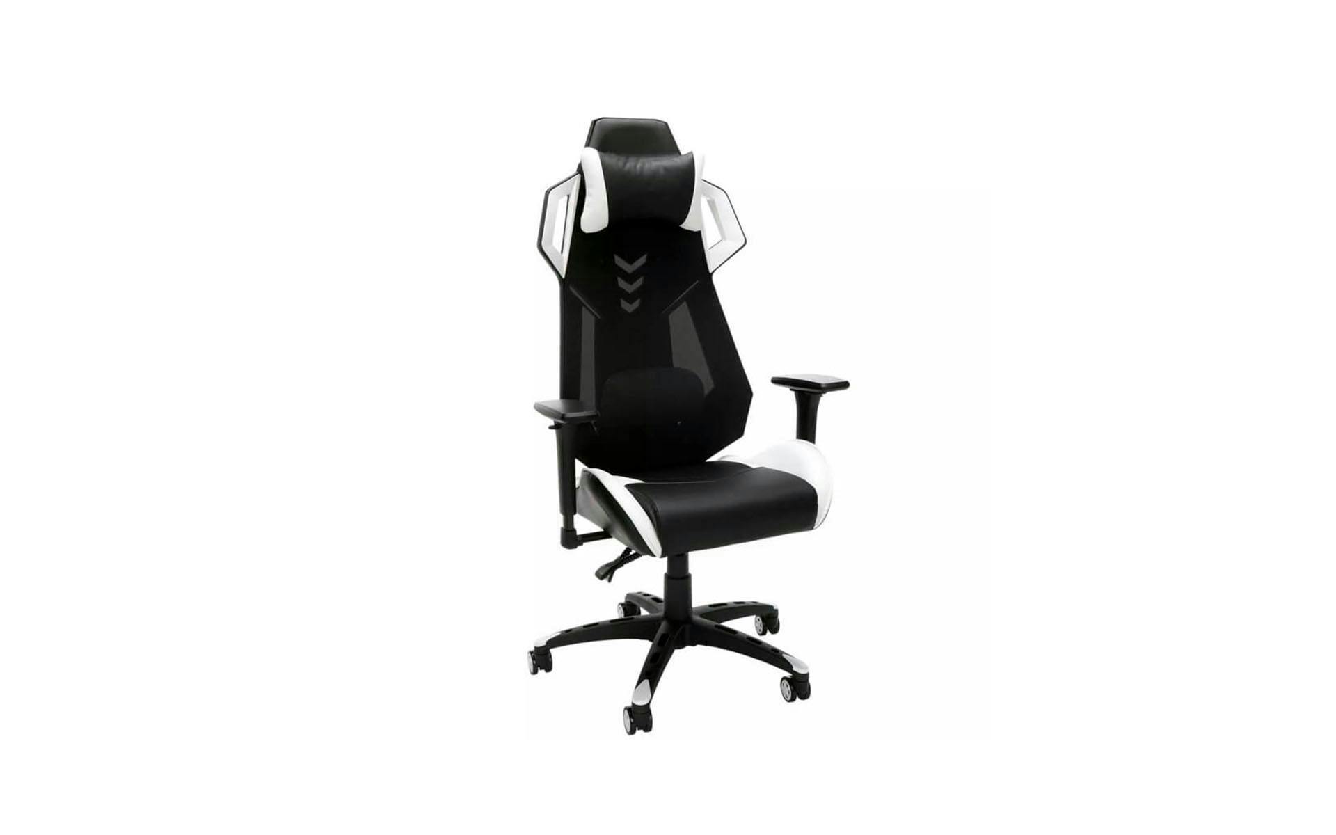 Black gaming chair with white accents