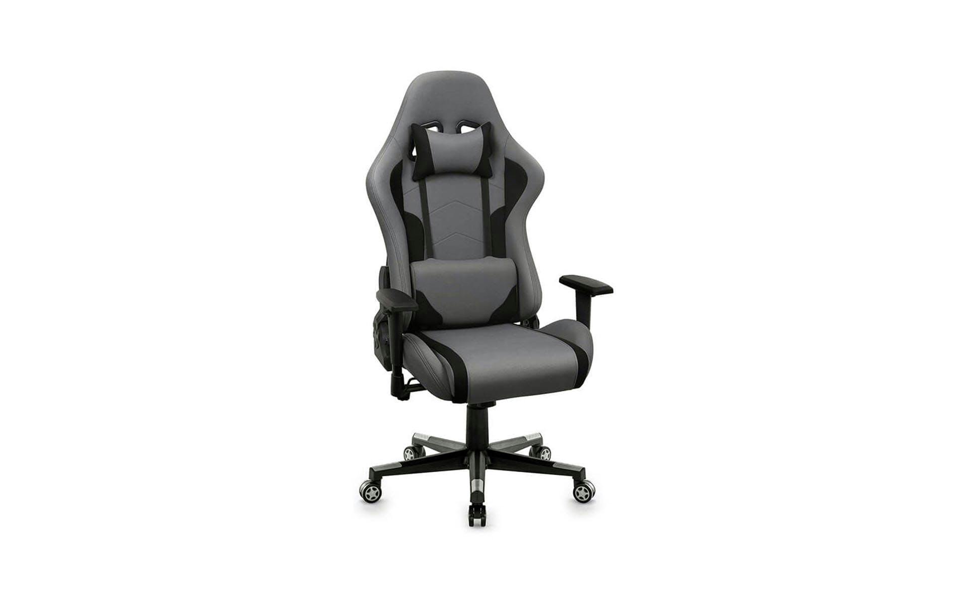 Gray and black gaming chair in a classic "Racing" shape.