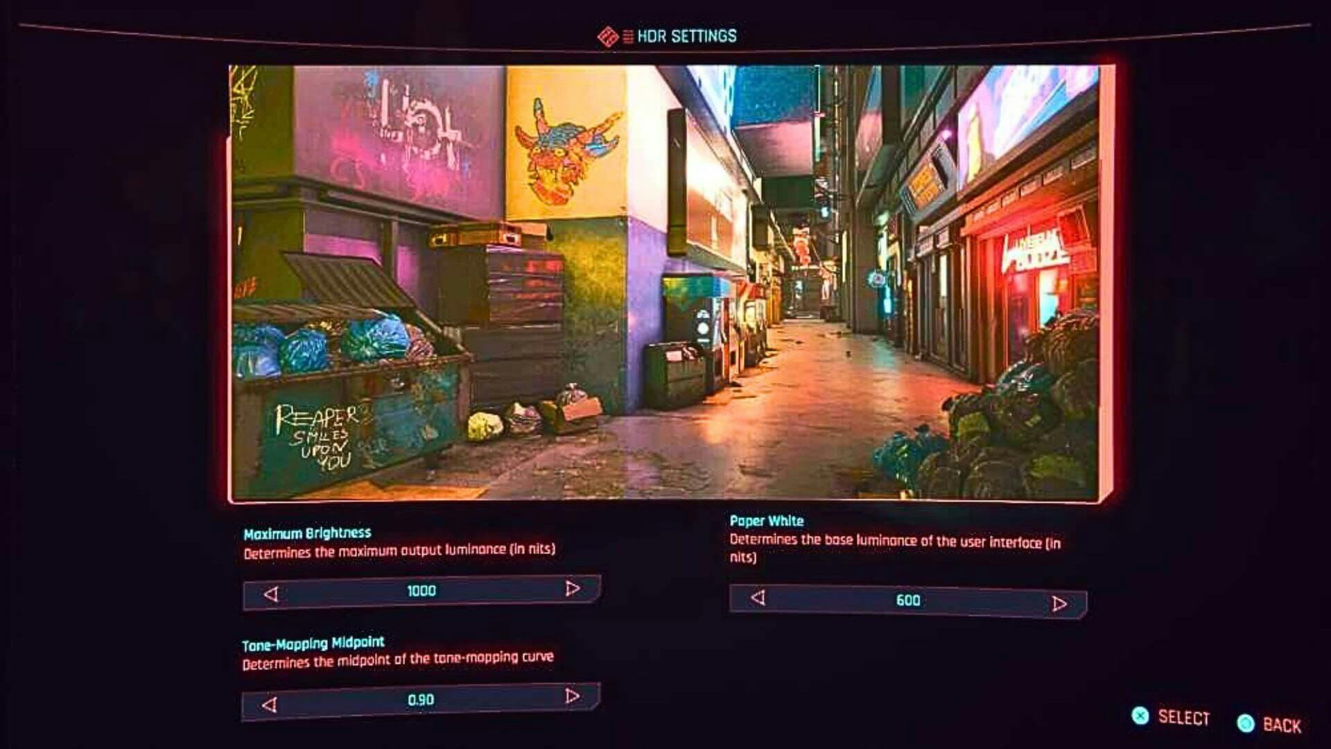 Ein Screenshot der Farbeinstellungen im Spiel Cyberpunk 2077